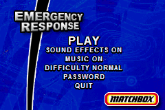 Matchbox Missions Air Land & Sea Rescue & Emergency Response title screen for GameBoy Advance